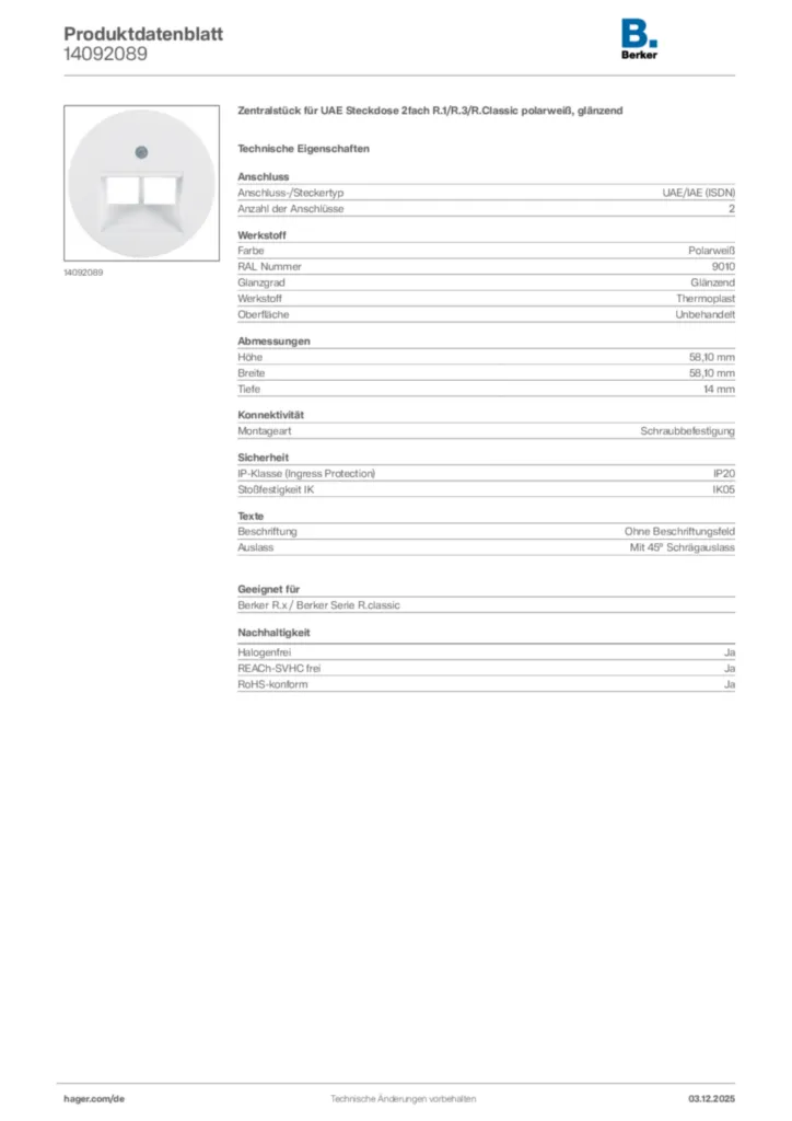 Bild Berker Produktdatenblatt 14092089 | Hager Deutschland