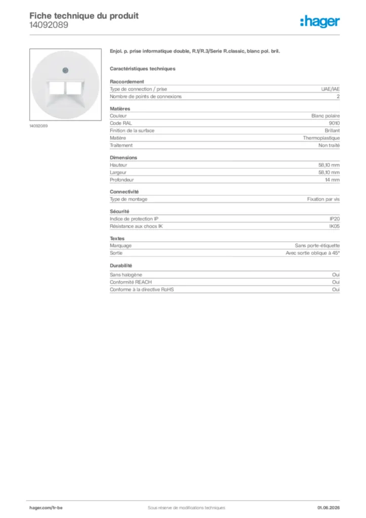 Image Hager Fiche technique du produit 14092089 | Hager Belgique