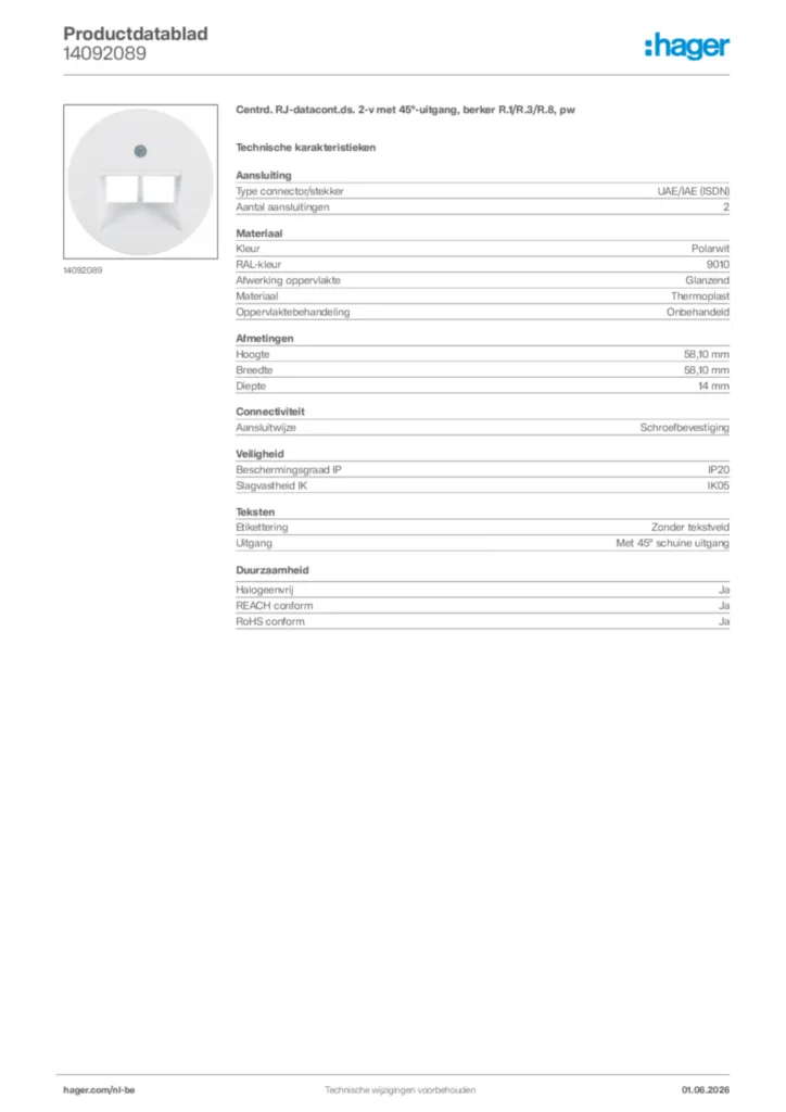 Afbeelding Hager Productdatablad 14092089 | Hager Belgium