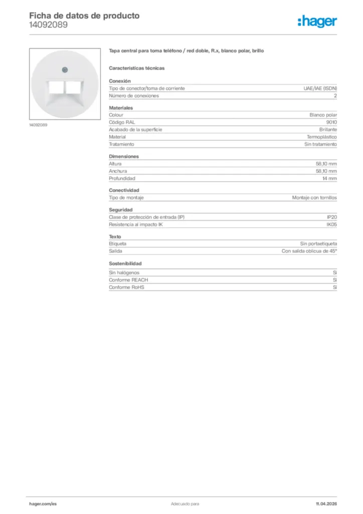 Imagen Hager Ficha de datos de producto 14092089 | Hager España