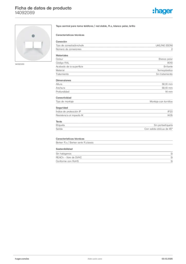 Imagen Hager Ficha de datos de producto 14092089 | Hager España