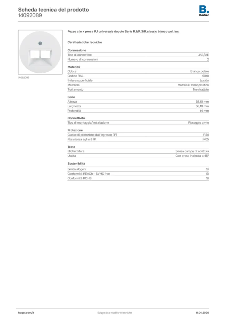 Immagine Berker Scheda tecnica del prodotto 14092089 | Hager Italia