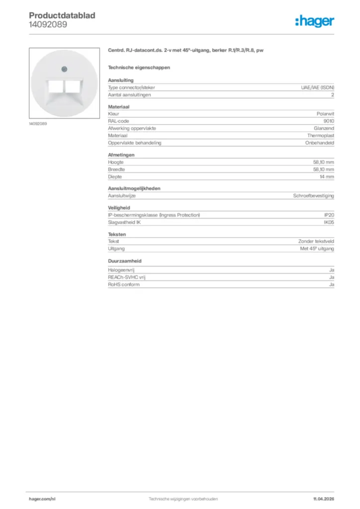 Afbeelding Hager Productdatablad 14092089 | Hager Nederland
