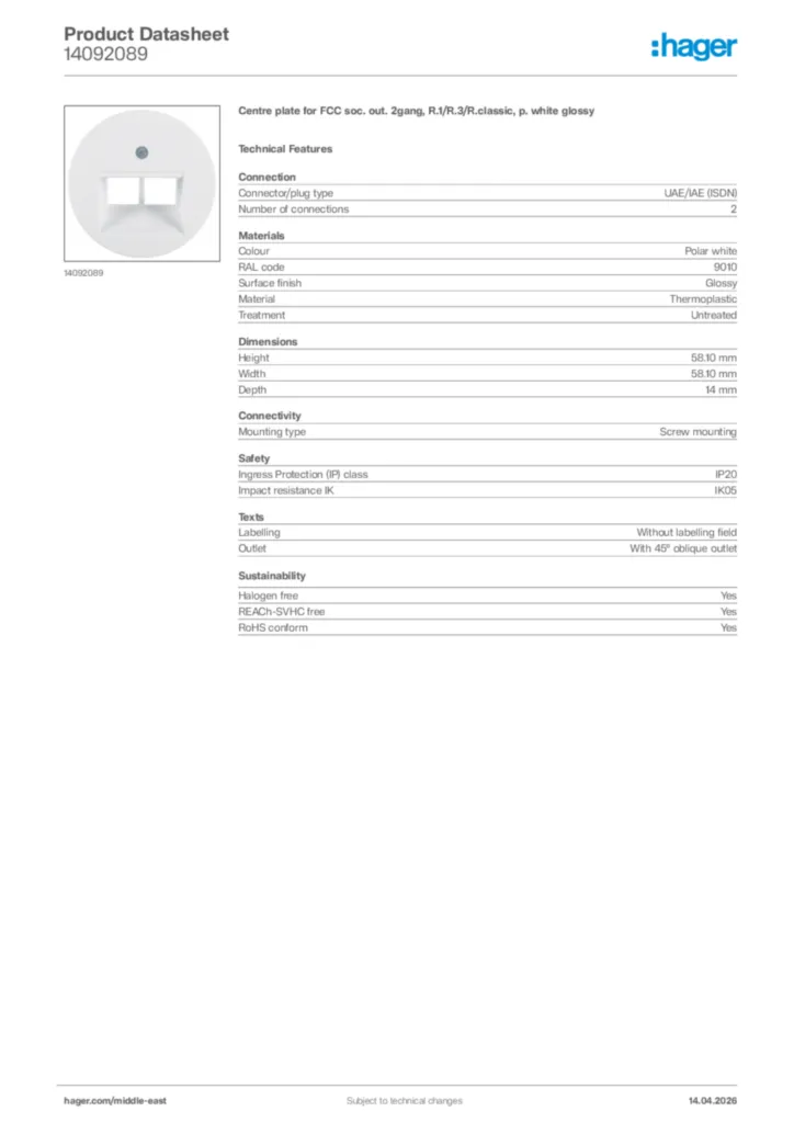 Image Hager Product data sheet 14092089  | Hager