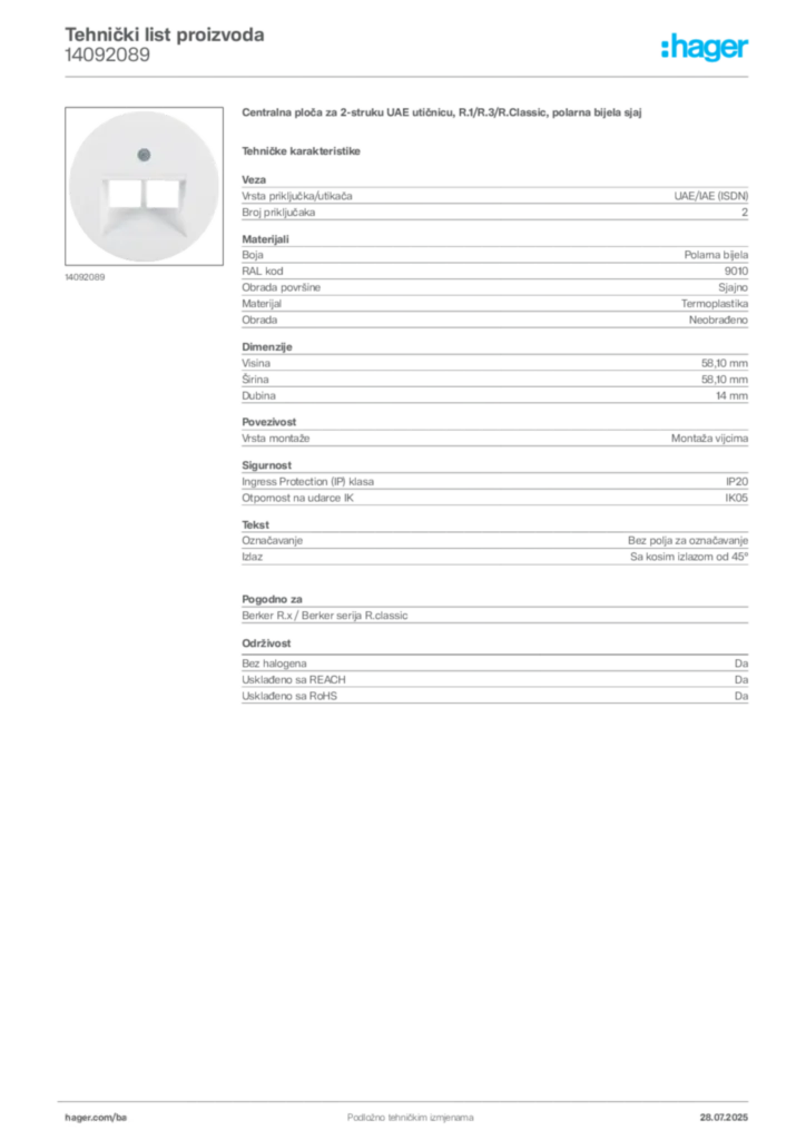 Slika Hager Product data sheet 14092089  | Hager