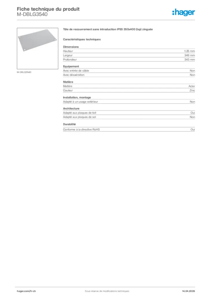 Image Hager Fiche technique du produit M-DBLG3540 | Hager Suisse