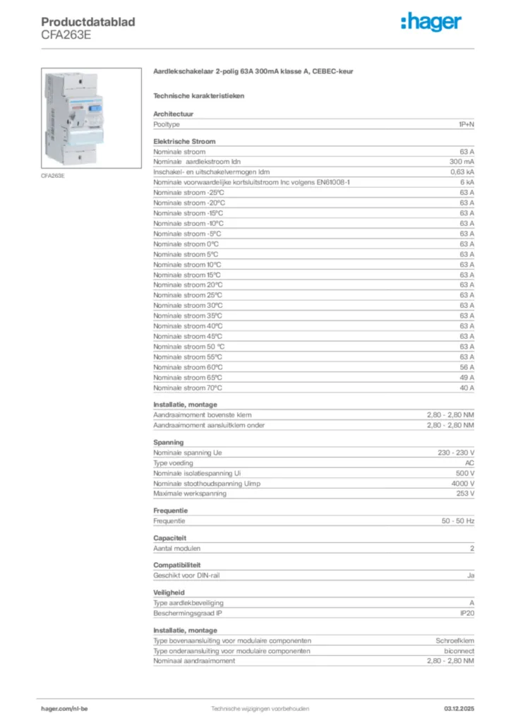 Afbeelding Hager Productdatablad CFA263E | Hager Belgium