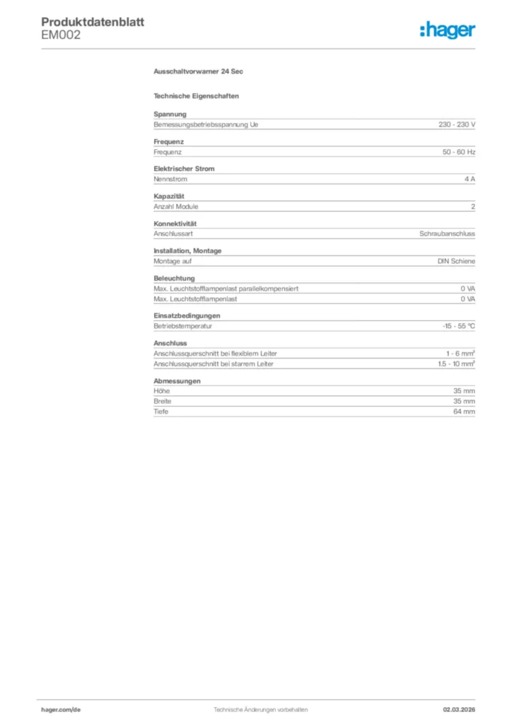 Bild Hager Produktdatenblatt EM002 | Hager Deutschland