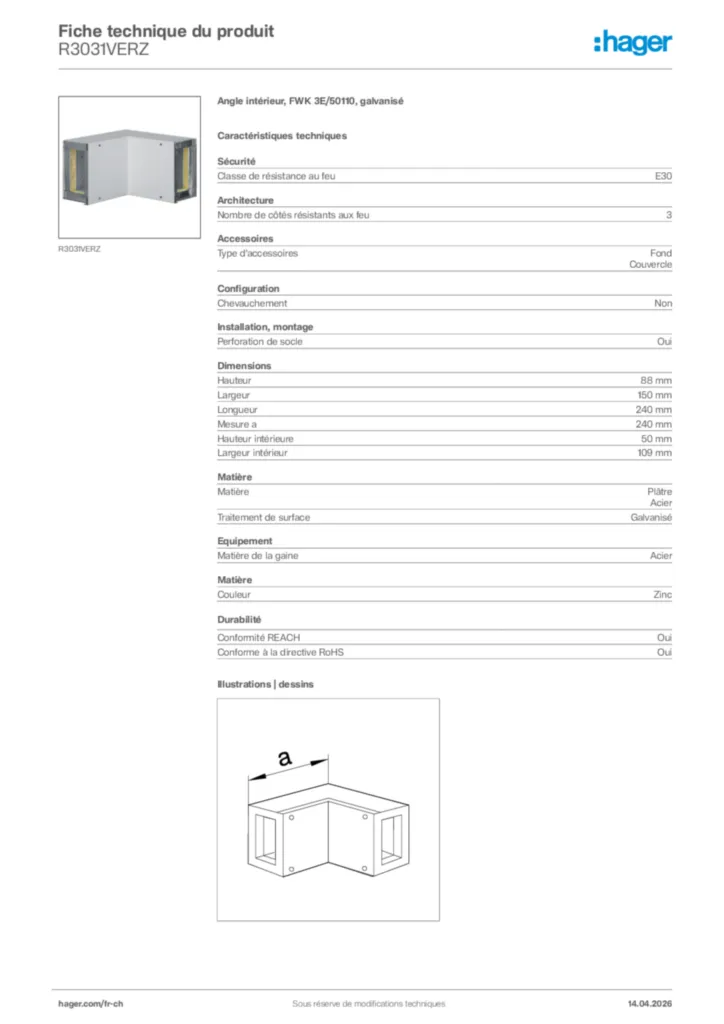 Image Hager Fiche technique du produit R3031VERZ | Hager Suisse
