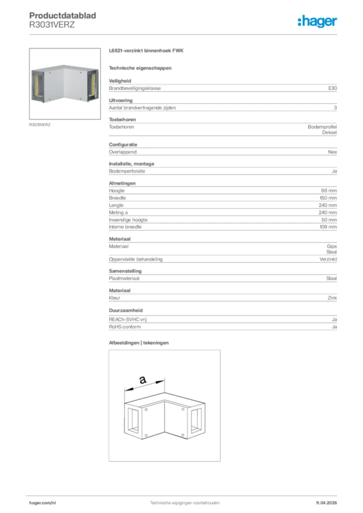 Afbeelding Hager Productdatablad R3031VERZ | Hager Nederland