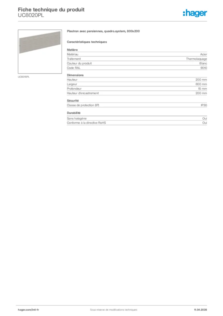 Image Hager Fiche technique du produit UC8020PL | Hager Afrique
