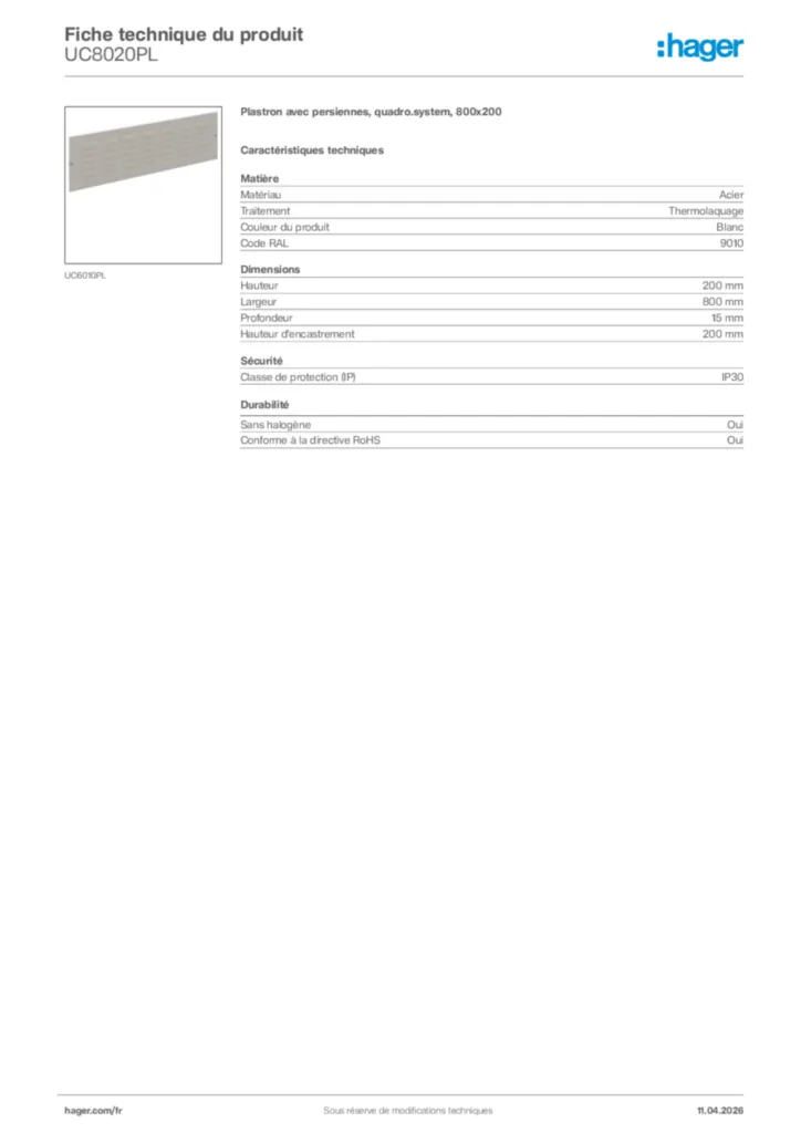 Image Hager Fiche technique du produit UC8020PL | Hager France