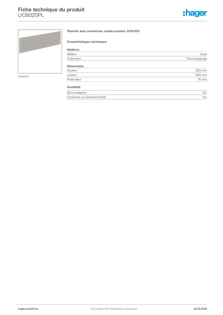 Image Hager Fiche technique du produit UC8020PL | Hager Belgique