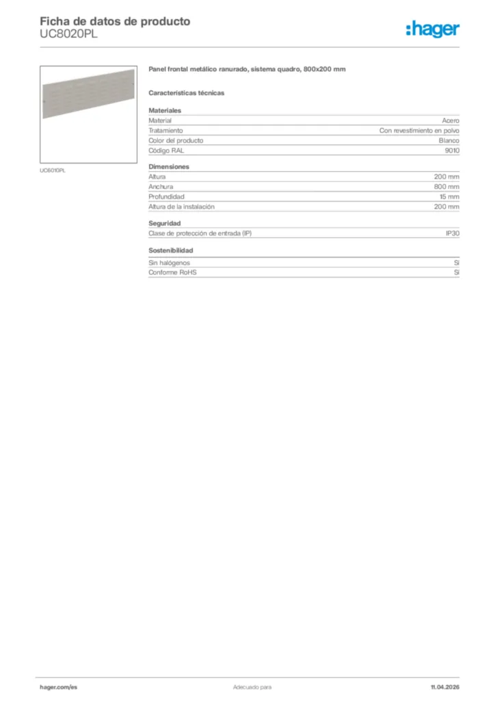 Imagen Hager Ficha de datos de producto UC8020PL | Hager España