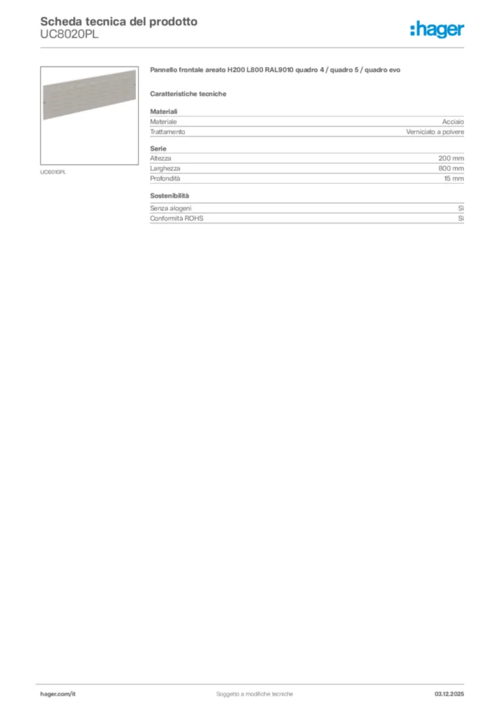 Immagine Hager Scheda tecnica del prodotto UC8020PL | Hager Italia