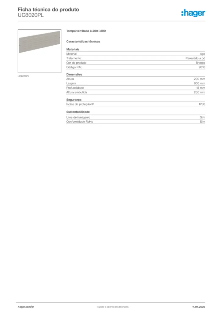 Imagem Hager Ficha técnica do produto UC8020PL | Hager Portugal