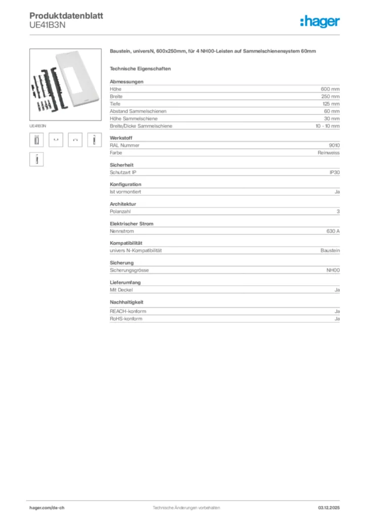 Bild Hager Produktdatenblatt UE41B3N | Hager Schweiz