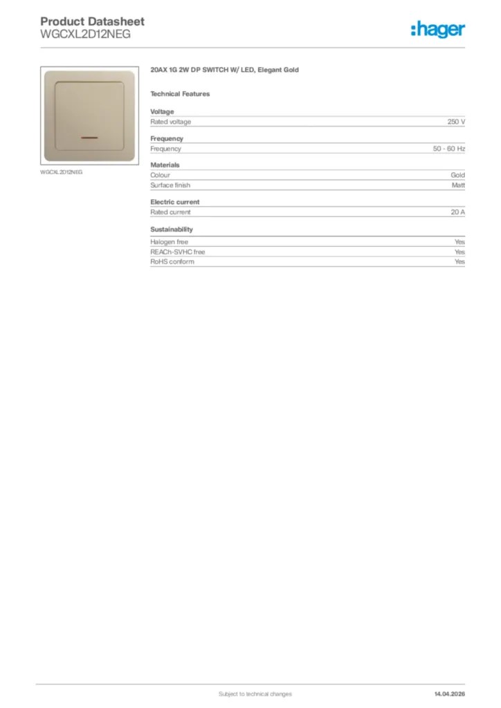 Image Hager Product data sheet WGCXL2D12NEG  | Hager Africa