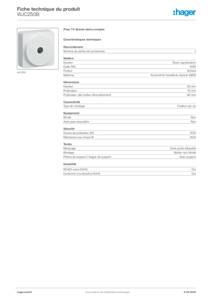 Image Hager Fiche technique du produit WJC250B | Hager France
