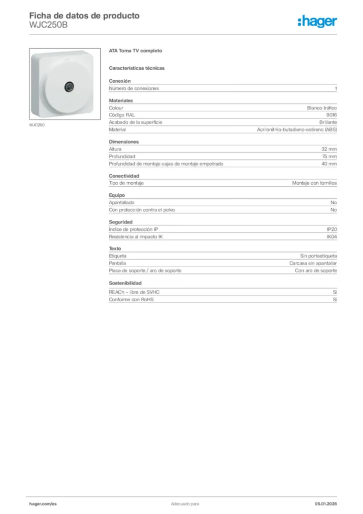 Imagen Hager Ficha de datos de producto WJC250B | Hager España