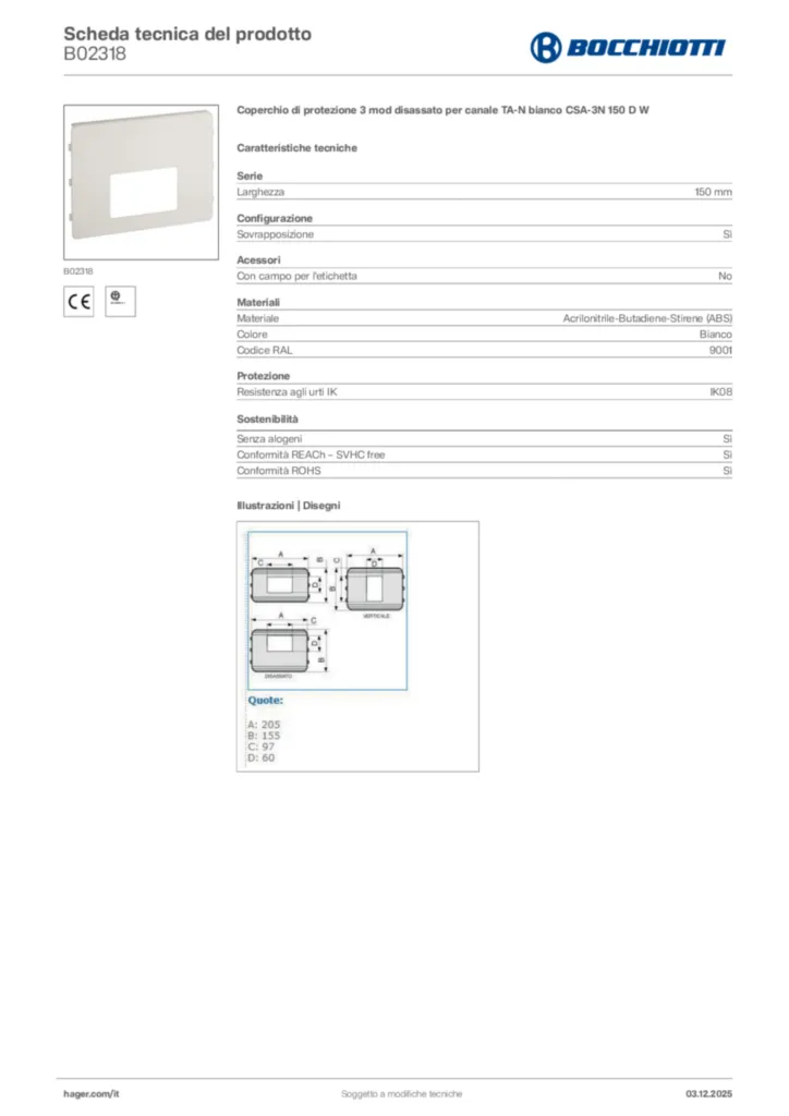 Immagine Bocchiotti Scheda tecnica del prodotto B02318 | Hager Italia