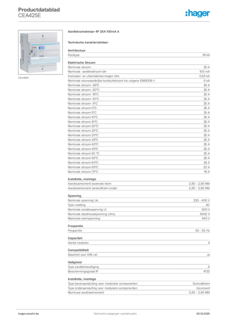 Afbeelding Hager Productdatablad CEA425E | Hager Belgium