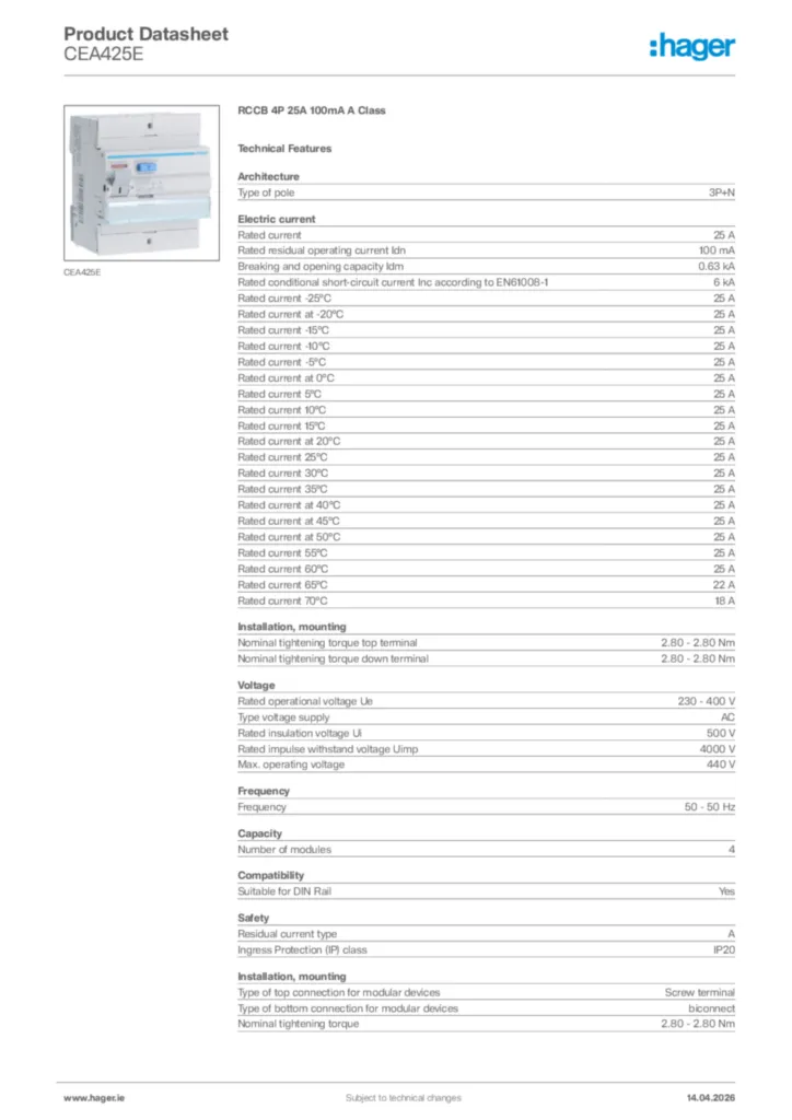 Image Hager Product data sheet CEA425E  | Hager