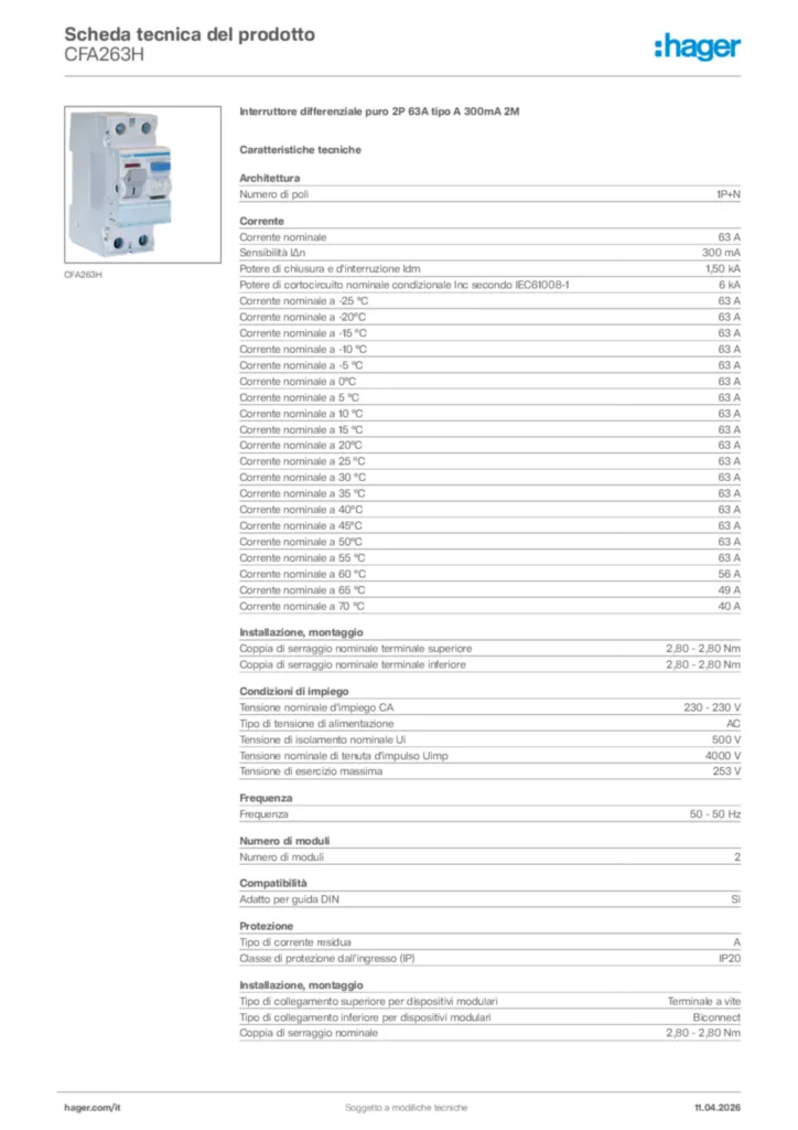 Immagine Hager Scheda tecnica del prodotto CFA263H | Hager Italia