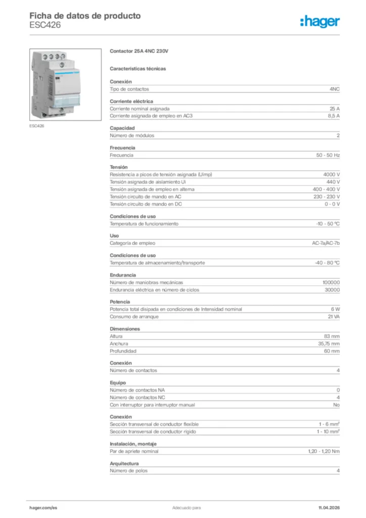 Imagen Hager Ficha de datos de producto ESC426 | Hager España