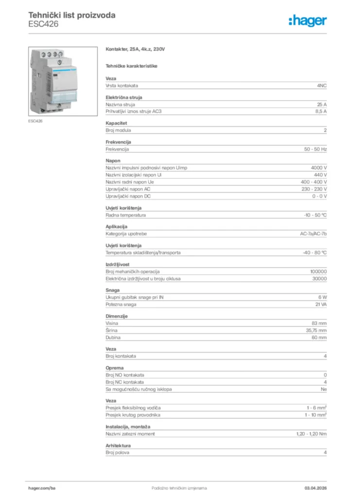 Slika Hager Tehnički list proizvoda ESC426  | Hager