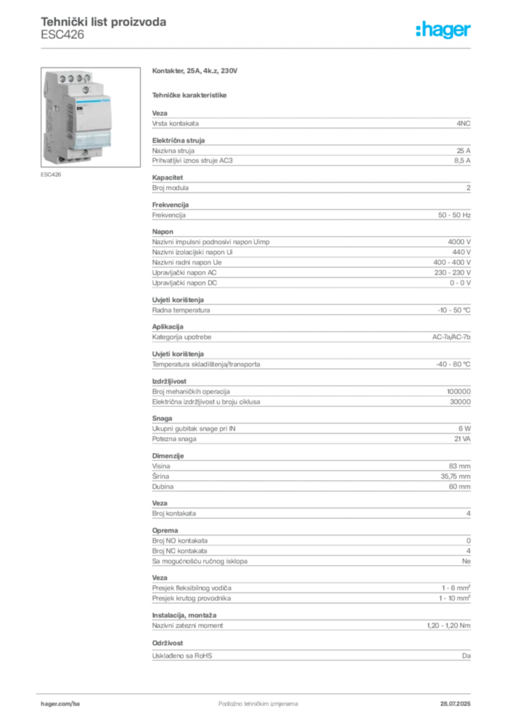 Slika Hager Product data sheet ESC426  | Hager