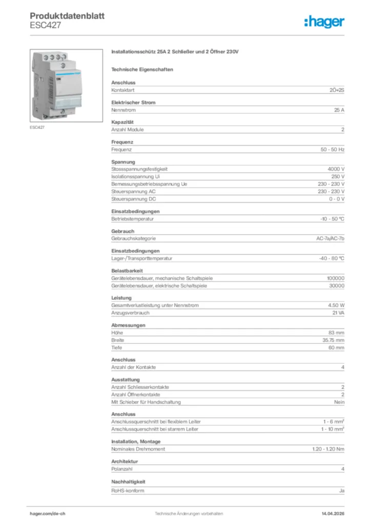 Bild Hager Produktdatenblatt ESC427 | Hager Schweiz