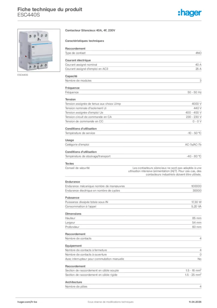 Image Hager Fiche technique du produit ESC440S | Hager Belgique
