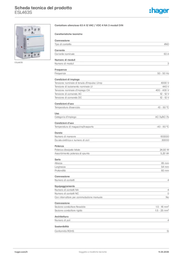 Immagine Hager Scheda tecnica del prodotto ESL463S | Hager Italia