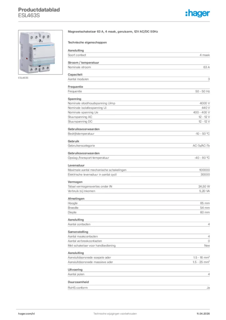 Afbeelding Hager Productdatablad ESL463S | Hager Nederland