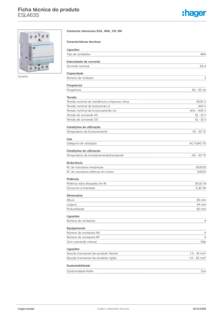 Imagem Hager Ficha técnica do produto ESL463S | Hager Portugal