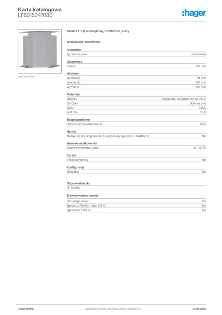 Zdjęcie Hager Karta katalogowa LF6015047030 | Hager Polska