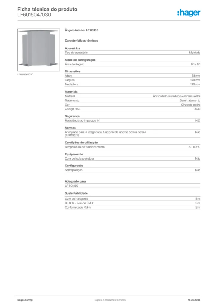 Imagem Hager Ficha técnica do produto LF6015047030 | Hager Portugal