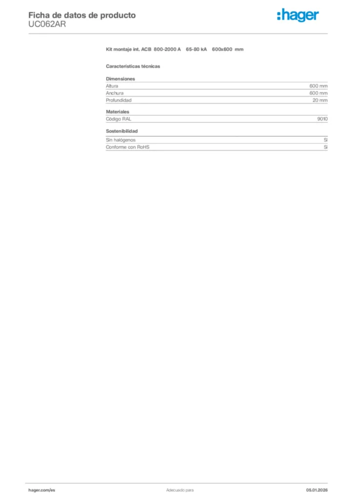 Imagen Hager Ficha de datos de producto UC062AR | Hager España