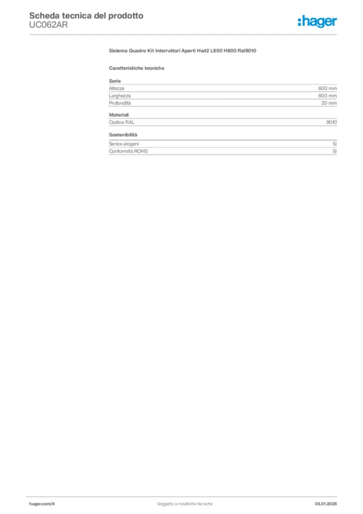 Immagine Hager Scheda tecnica del prodotto UC062AR | Hager Italia