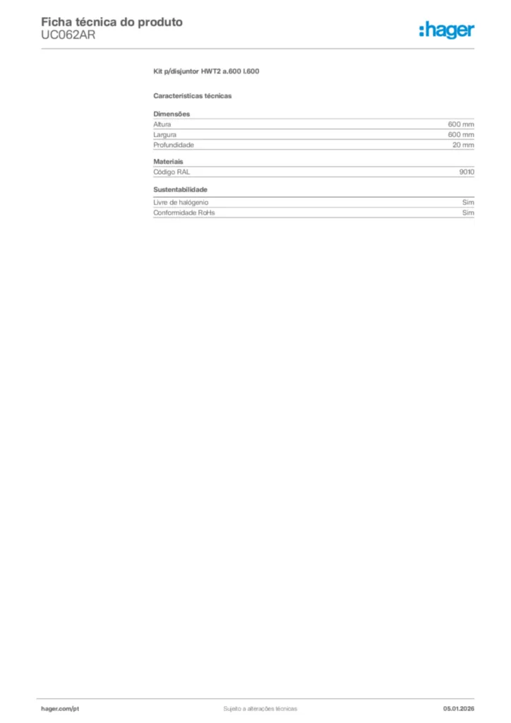 Imagem Hager Ficha técnica do produto UC062AR | Hager Portugal