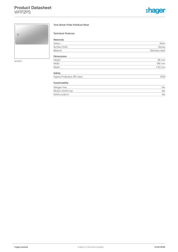 Image Hager Product data sheet WFP2PS  | Hager