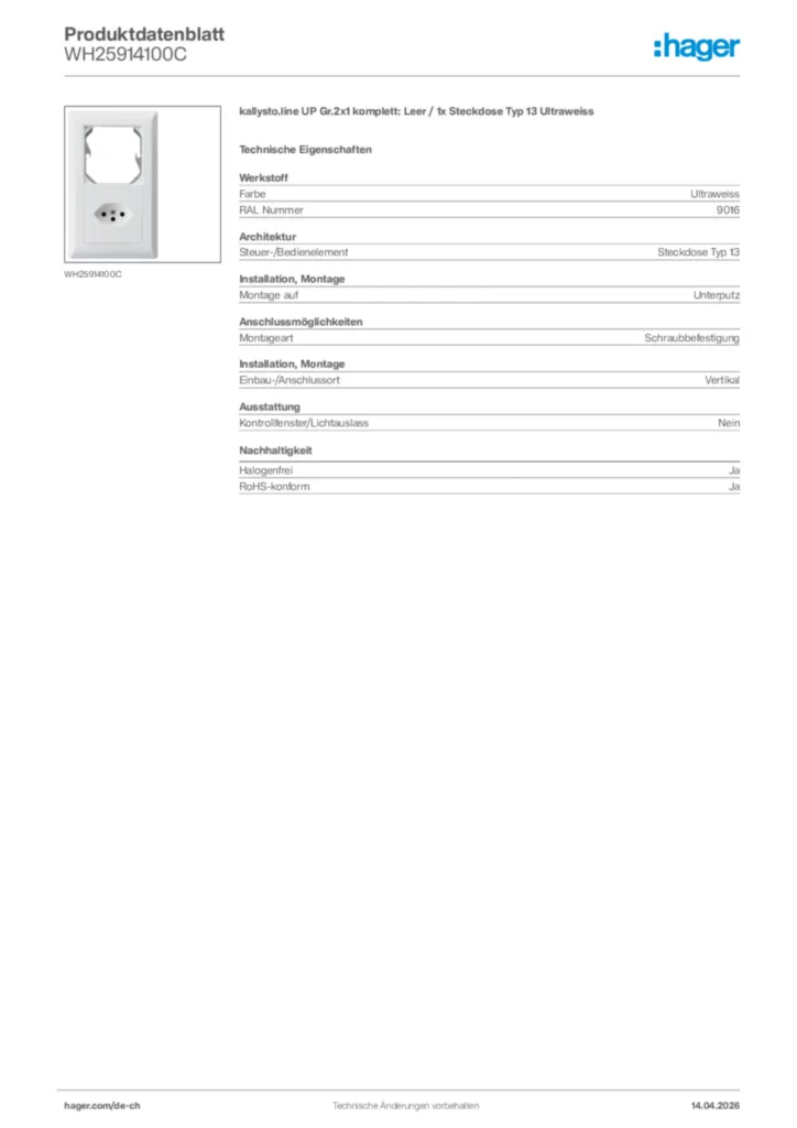 Bild Hager Produktdatenblatt WH25914100C | Hager Schweiz