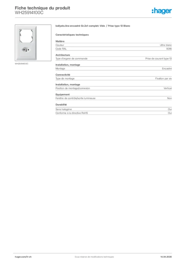 Image Hager Fiche technique du produit WH25914100C | Hager Suisse
