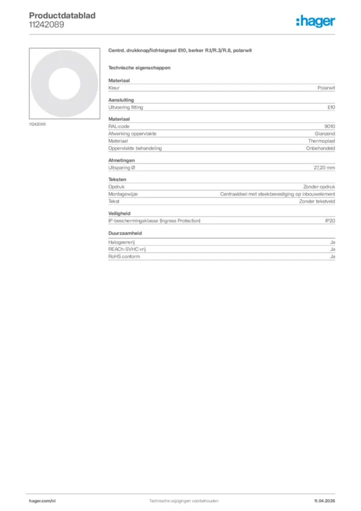 Afbeelding Hager Productdatablad 11242089 | Hager Nederland