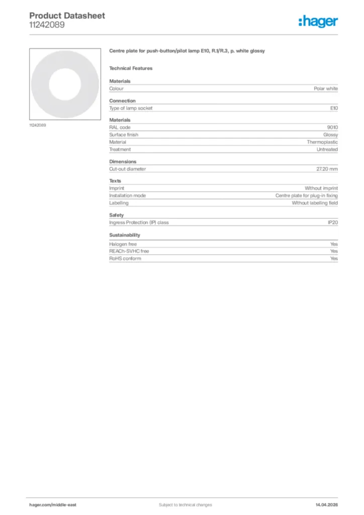 Image Hager Product data sheet 11242089  | Hager