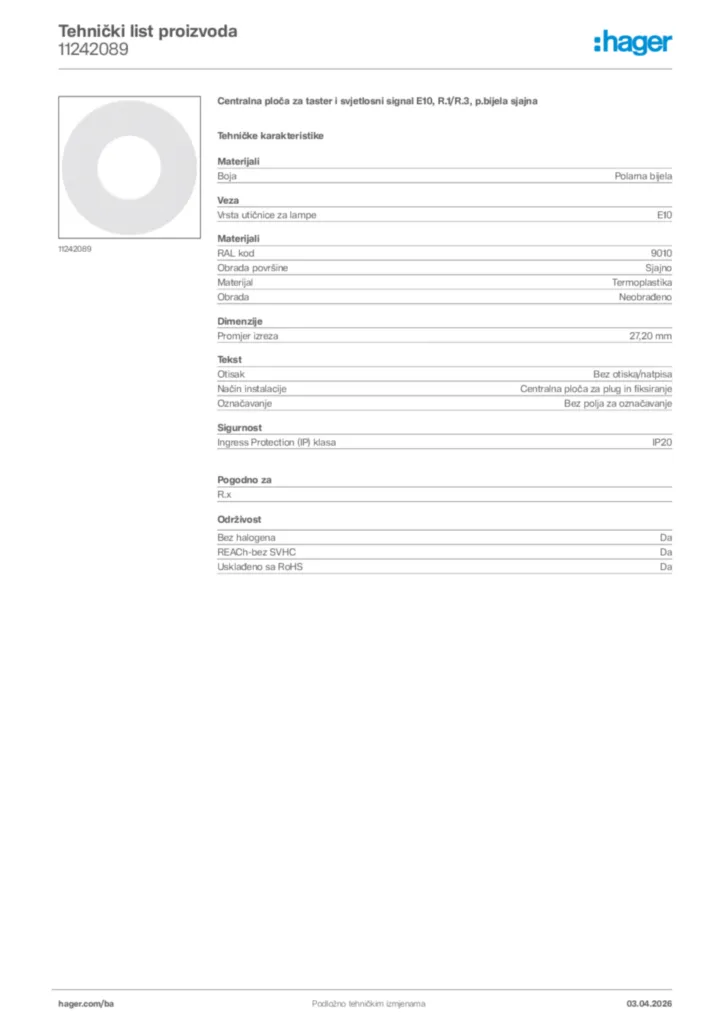Slika Hager Tehnički list proizvoda 11242089  | Hager