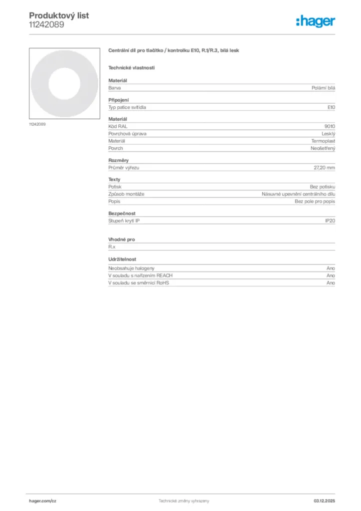 Obrázek Hager Product data sheet 11242089 | Hager