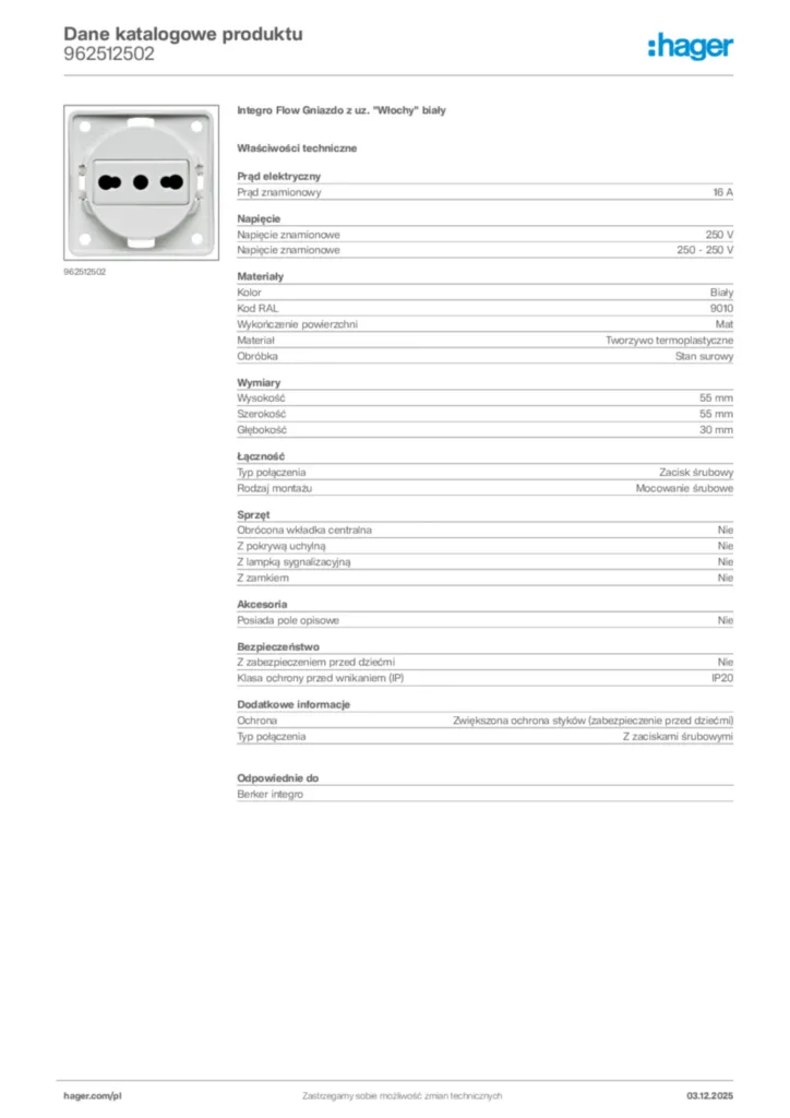 Zdjęcie Hager Karta katalogowa 962512502 | Hager Polska