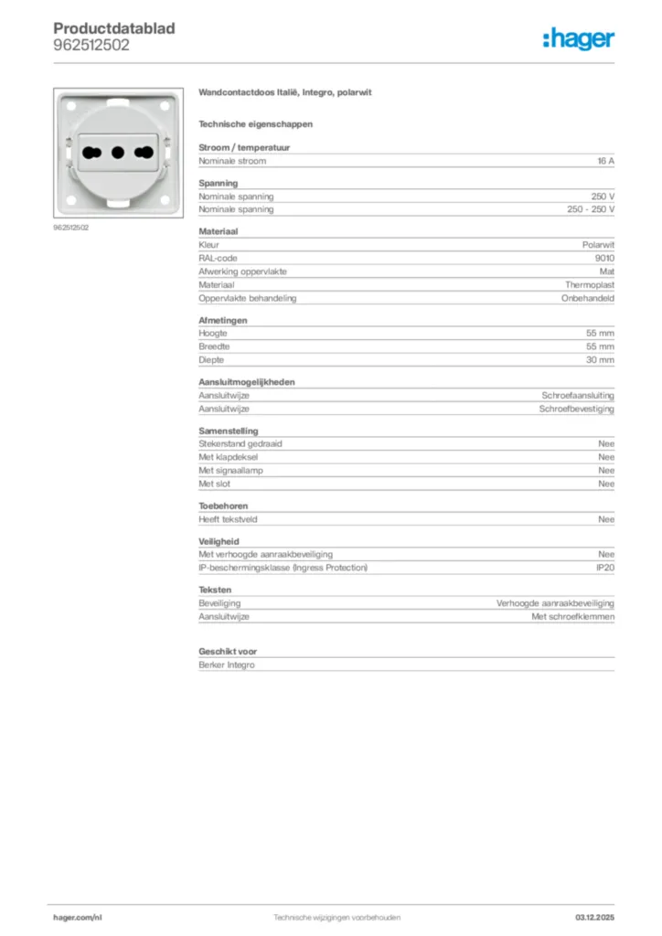 Afbeelding Hager Productdatablad 962512502 | Hager Nederland